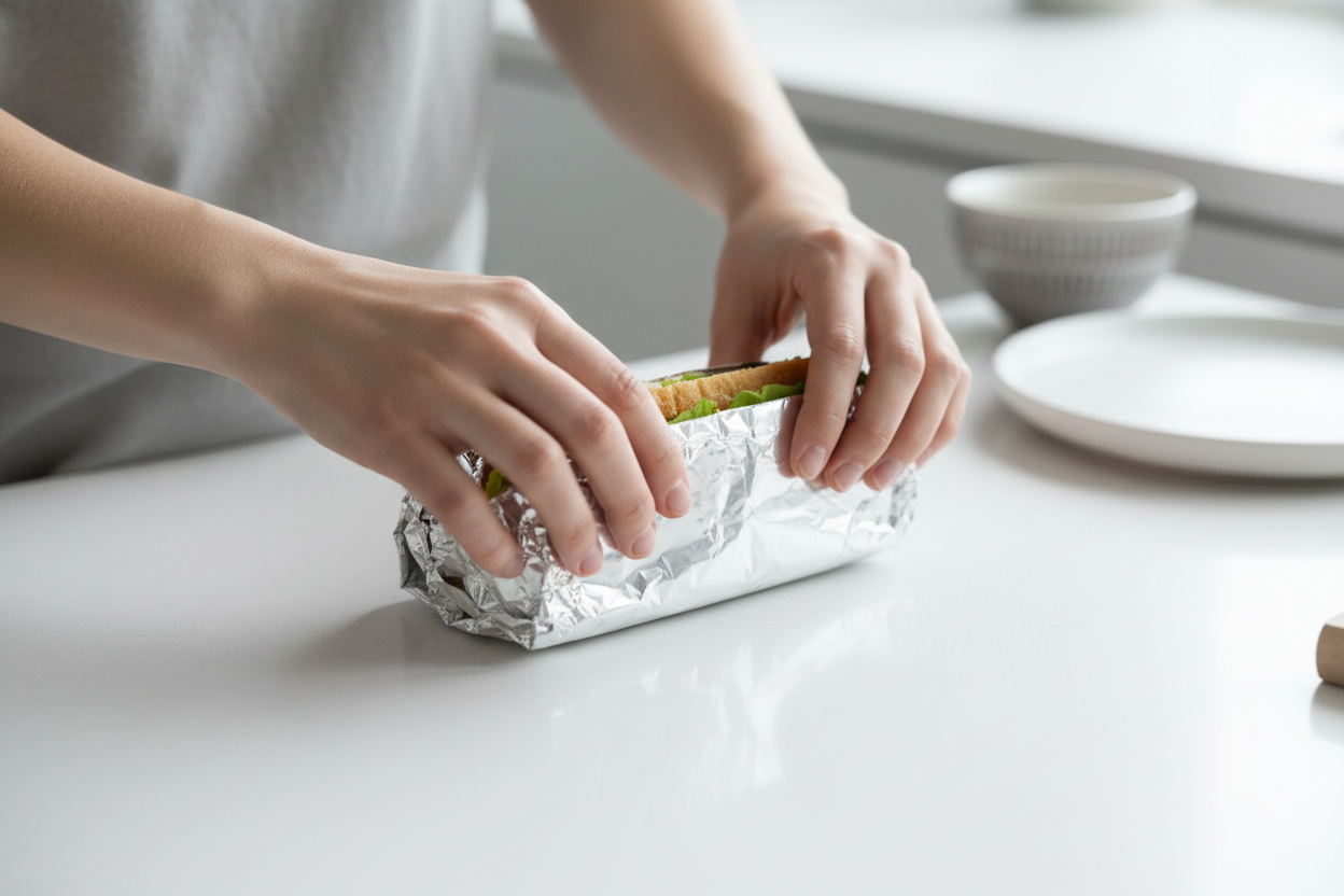 almunium foil shows  wrap lunch lifestyle photos follow the same clean, minimal aesthetic soft lighting, white/grey tones, hands-only.